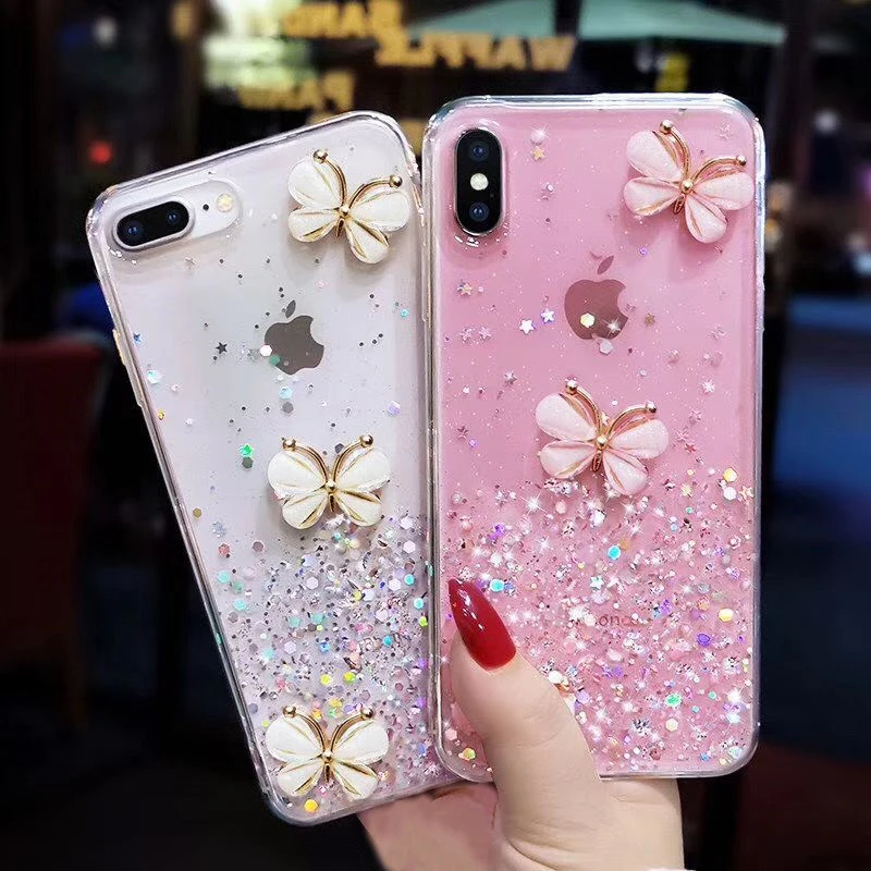 

Crystal butterfly Glitter Case For Apple iPhone 11 12 Pro Max SE 2 2020 6 S 7 8 Plus X XS MAX XR Soft Back Coque Capa Cover