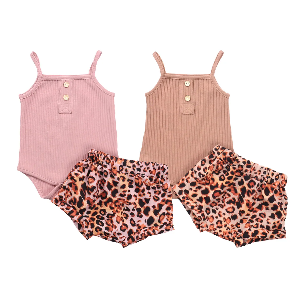 

2020 Summer Baby Girls Clothing Set Newborn Kids Sleeveless Square Collar Solid Color Top + Leopard Print Toddler Shorts 0-24M