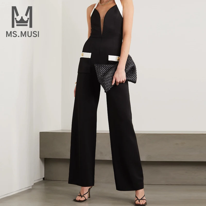 MSMUSI 2022 New Fashion Women Sexy Halter Sleeveless Backless Pocke Button Bandage Jumpsuit Party Club Bodycon Long Jumpsuit