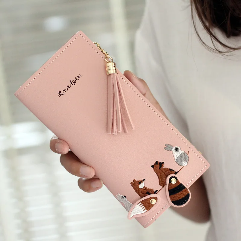 

New Cartoon Embroidery Leather Wallet for Women's Long Wallet Cute Hasp Zipper Coin Purse ID Bank Credit Card Holder Money Bag