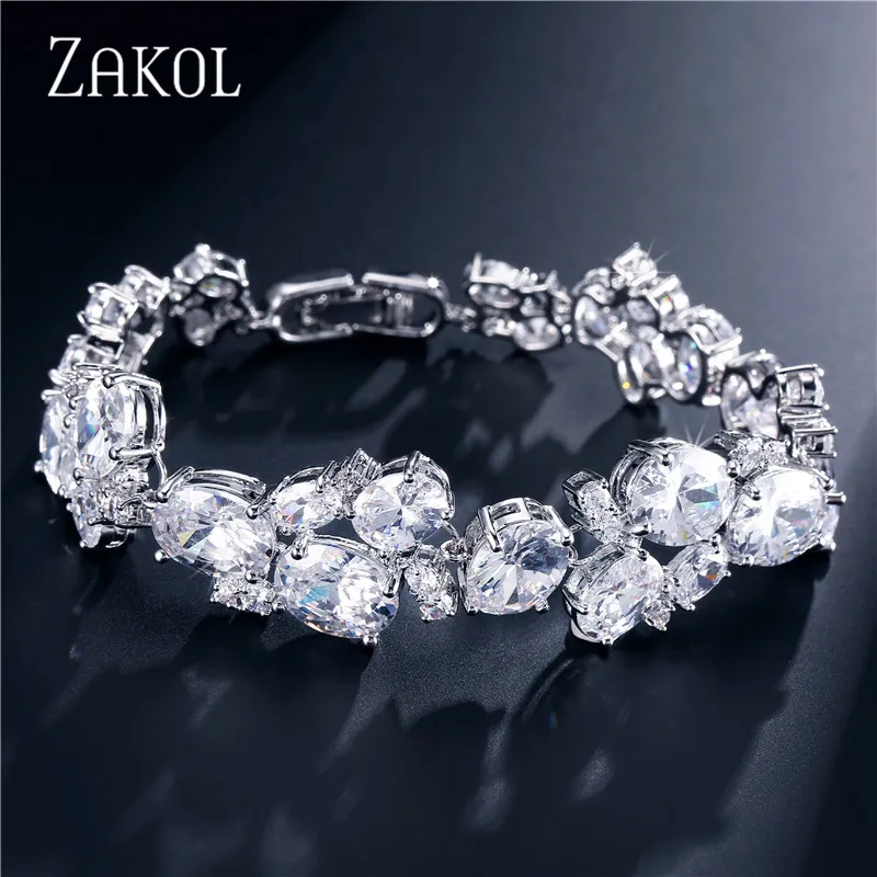 ZAKOL роскошные овальные кубические циркониевые браслеты белого цвета свадебные