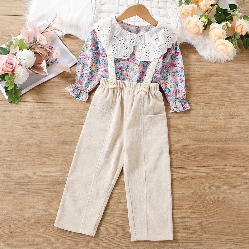 

New Fashion Children's Baby Girl Little Flower Lace Shirt Pants Two-piece Suit Western-style Cute Girl Princess Costume Suit