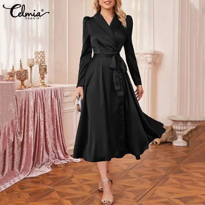 

Celmia Women Long Sleeve Midi Dress Elegant V-neck Satin Bandage Party Vestidos Casual Long Shirt Dress 2021 Stylish Robe Longue