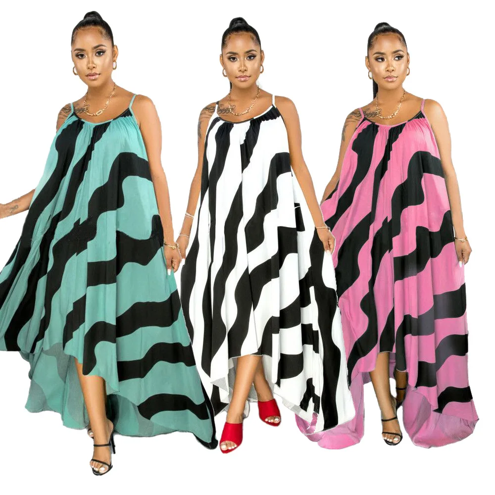 

2021 Summer Off The Shoulder Dresses Women's Stripe Printed Mopping Irregular Hem Large Size Loose Ladies Sling Dress