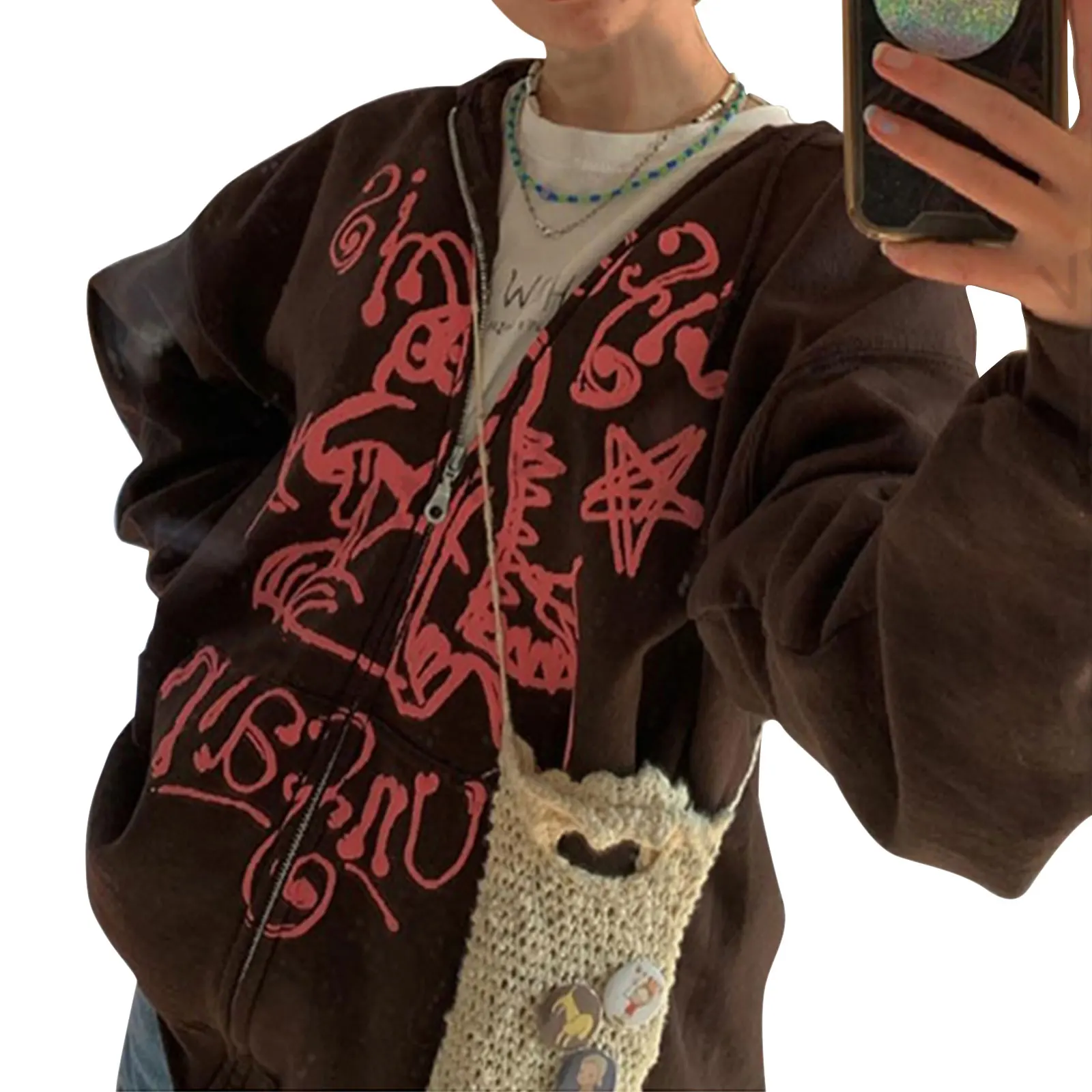 

Y2K Women Full Zip Hoodies Casual Long Sleeve Graffiti Print Oversized Sweatshirts Hip Hop Gothic Streetwear