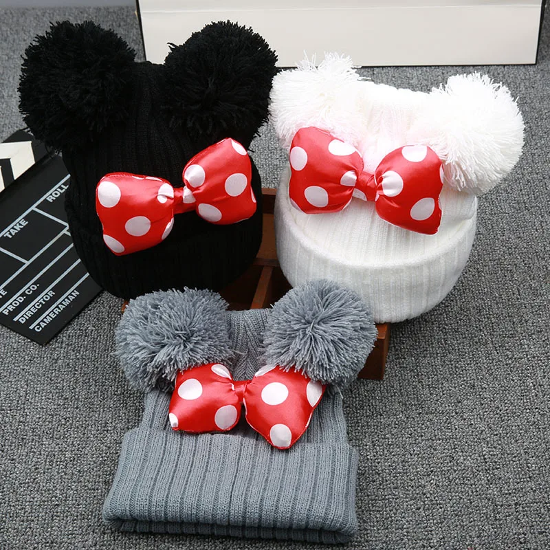 

NEW Fashion Polka Dot Cartoon Big Bow Elastic Baby Hat Children's Knit Cotton Beans Autumn Winter Warm Girl Double Pompom Cap