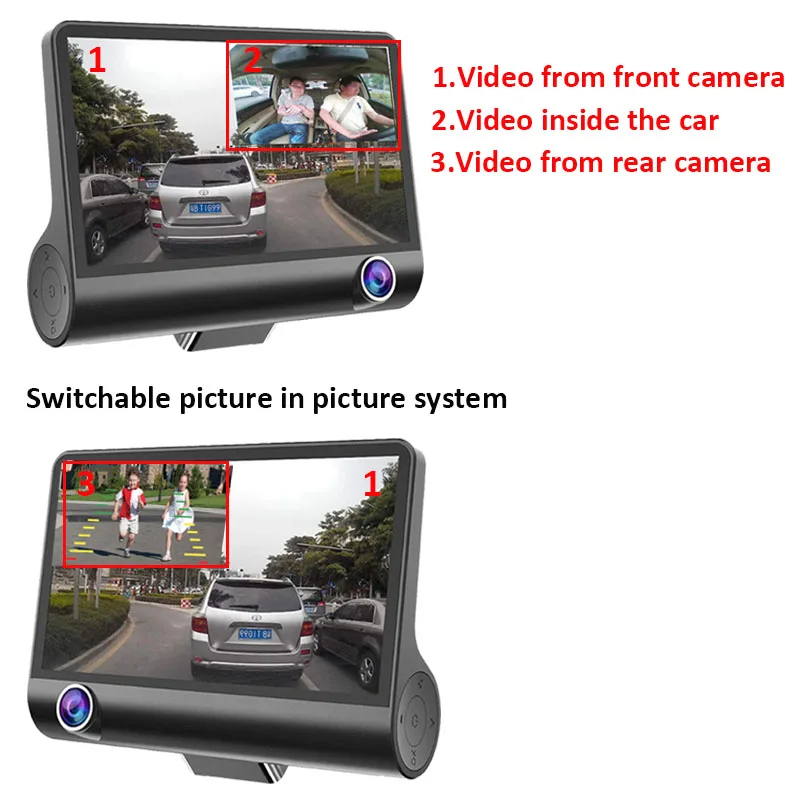 Автомобильный видеорегистратор Conkim DVR с тремя камерами: передняя/внутренняя/задняя, с экраном 4,0 дюйма и записью видео в Full HD 1080P.