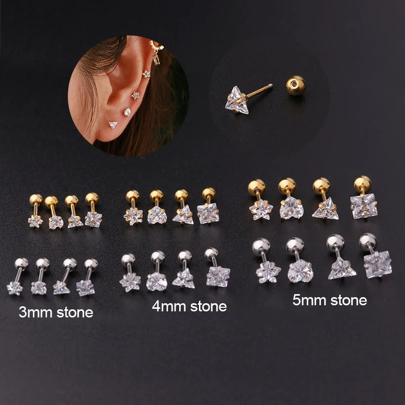 

1PC Stainless Star Heart Triangle Square Shape Stud Earrings for Women Piercing Earring for Teens Ear Cuffs