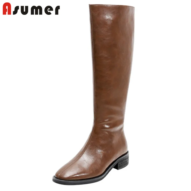 

Женские сапоги до колена ASUMER, из натуральной кожи, на молнии, на низком каблуке, однотонные, для верховой езды, 2021