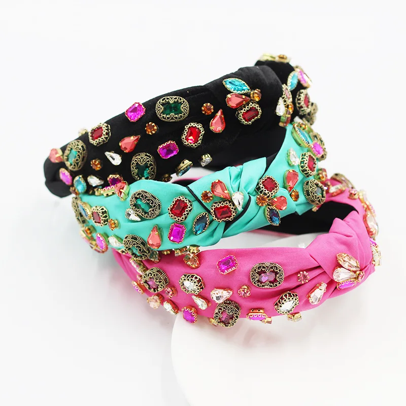 

New 2021 Bling Colorful Diamond Crystal Knot Headband Luxury Plain Color Velvet Fabric Hairband for Women Hair Accessories