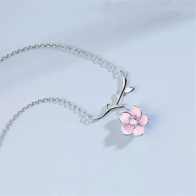 Натуральный модный 925 пробы серебряный розовый цветок вишни стразы колье