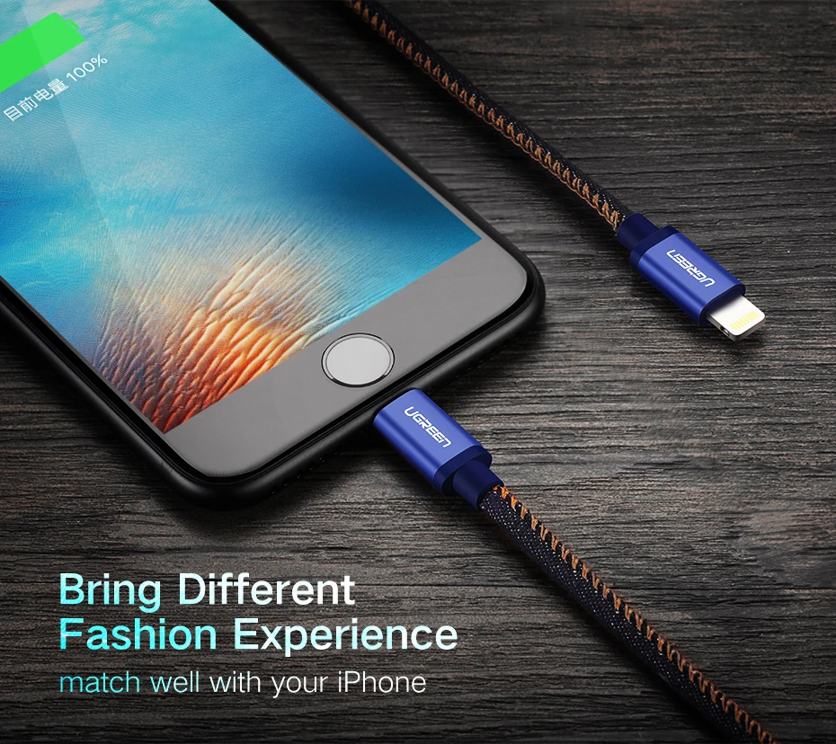 Ugreen mfi-контроллеров кабель Lightning для iPhone 7 Джинсовые Плетеный 8 Булавки USB кабель быстрая Зарядное устройство кабель для iphone 8 8 плюс 6 5 iPad кабель
