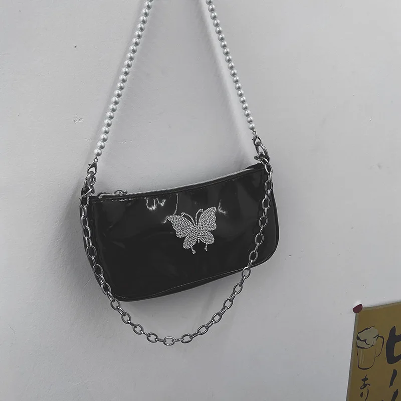 

Butterfly Girls Chain Armpit Handbags Vintage Black Baguette Shoulder Bag for Women Patent Leather Diamond Pearl Crossbody Bags