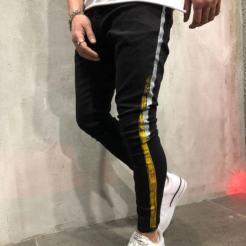Облегающие джинсы карандаш для мужчин полосатые узкие брюки в полоску черные