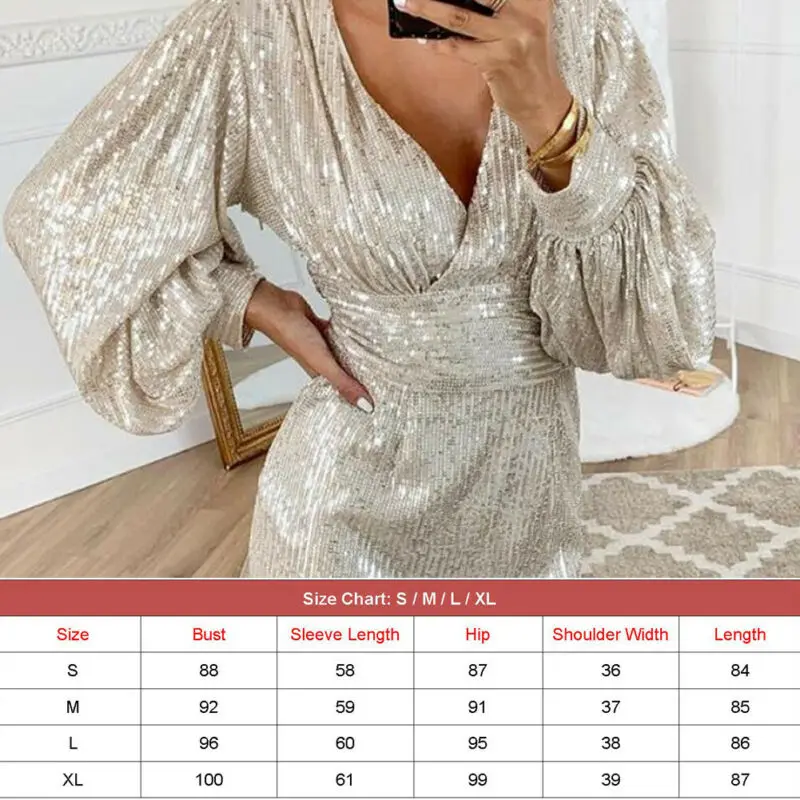 

Women's Bodycon Long Sleeve Shiny Sequins Mini Dress Cocktail Party Evening Sexy Femme Dresses