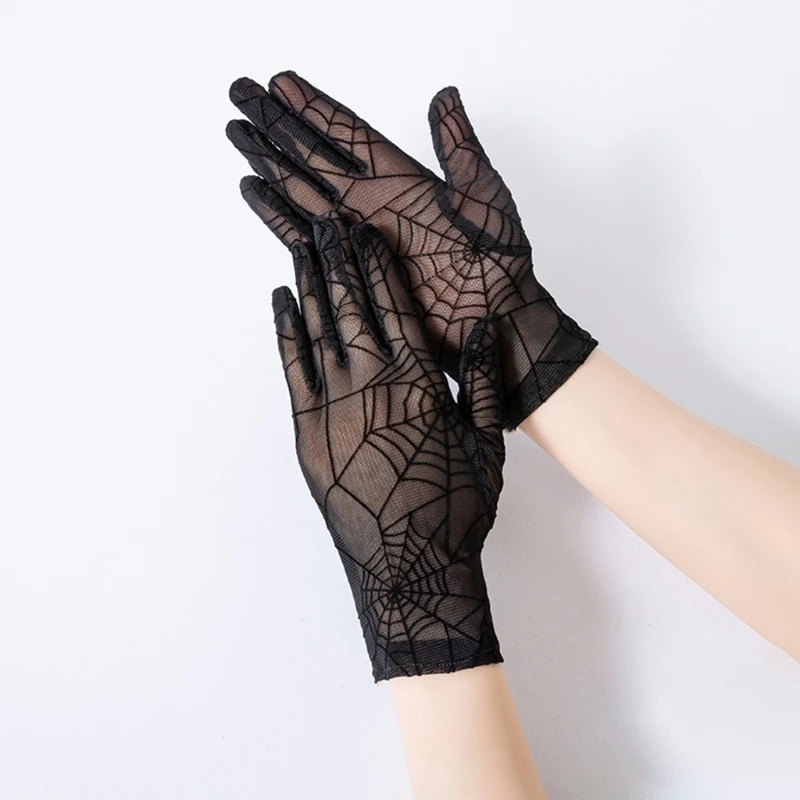 

UV Protection Mesh Lace Hand Cover Tattoo Cover Up Spider Web Gloves Outdoor Sports Full Finger Glove for Summer