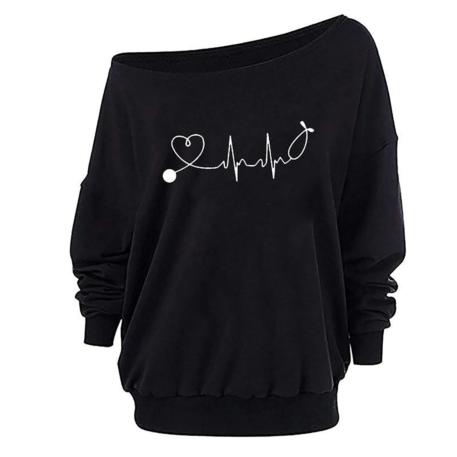 

Women Valentine's Day Skew Collar T-Shirt Electrocardiogram Printed Shirts Long Sleeve Graphic Tees Tops Casual blusas Блузки