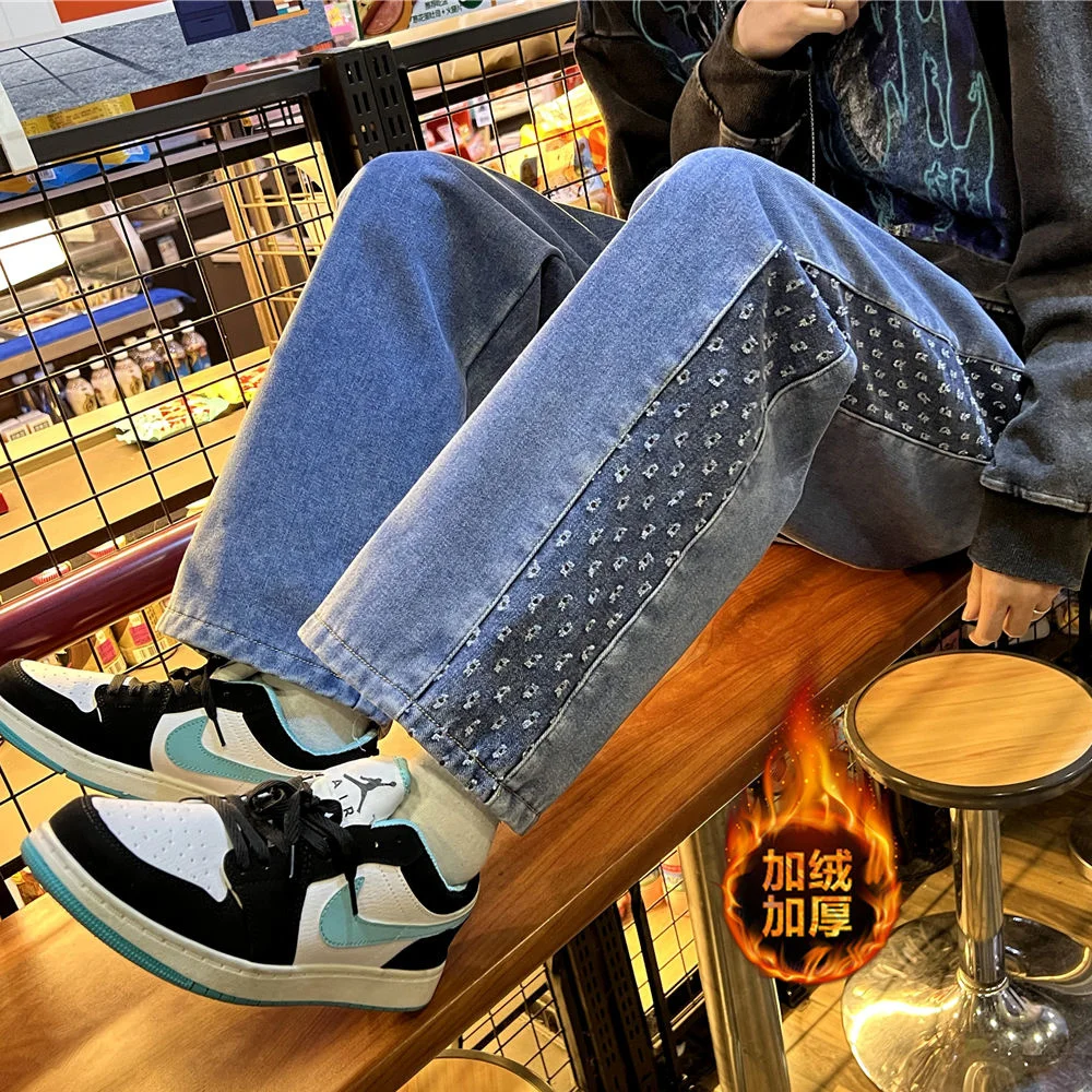 

Зимние Повседневные джинсы с прострочкой, бархатные теплые прямые свободные брюки на шнуровке, джинсовые брюки с широкими штанинами в стил...