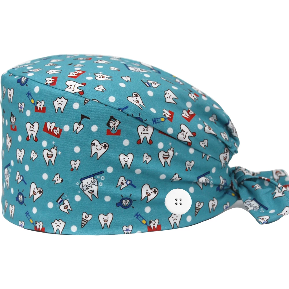 Новая хирургическая шапочка регулируемая Хлопковая с принтом зубов для женщин и