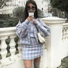 Женский винтажный клетчатый блейзер в клетку, милая трапециевидная короткая юбка с жемчужинами на пуговицах и высокой талией, костюм из 2 предметов