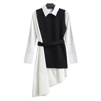 womens suit long sleeve lace up black white asymetrical vest dress female clothes korean shirt dress two piece set