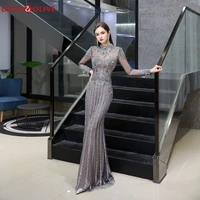 sexy champagne gray mermaid evening dresses 2020 new long sleeves beading crystal formal party long prom gowns vestido de festa