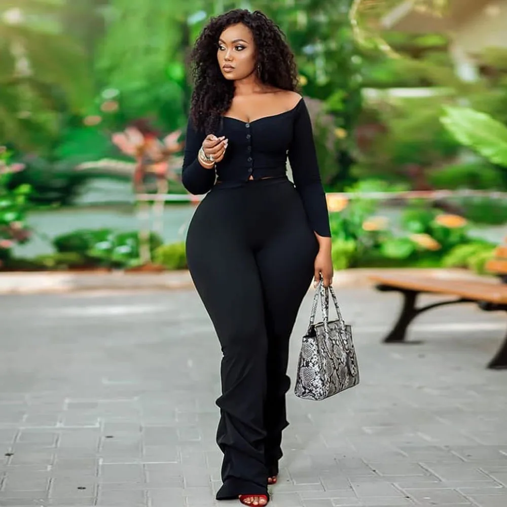 

Off The Shoulder Black Female Tracksuits Buttons Up Long Sleeve Slim Fit Crop Top and Stacked Long Trousers Fashion 2 Piece Sets