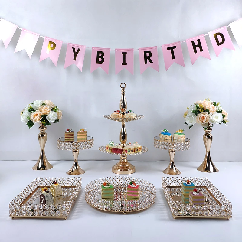 

Cake Decorating Supplies Crystals Cake Stand Cupcake Tower Stand Wedding Plates Set Metal Round Party Dessert Display Decor Tray