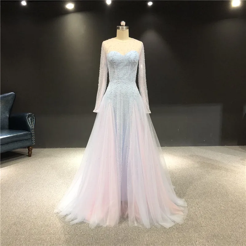 

Vestidos de fiesta 100%Real Pictures Sky Blue Pink Heavy Beads Long Sleeves Floor Length Formal Party Prom Evening Dresses