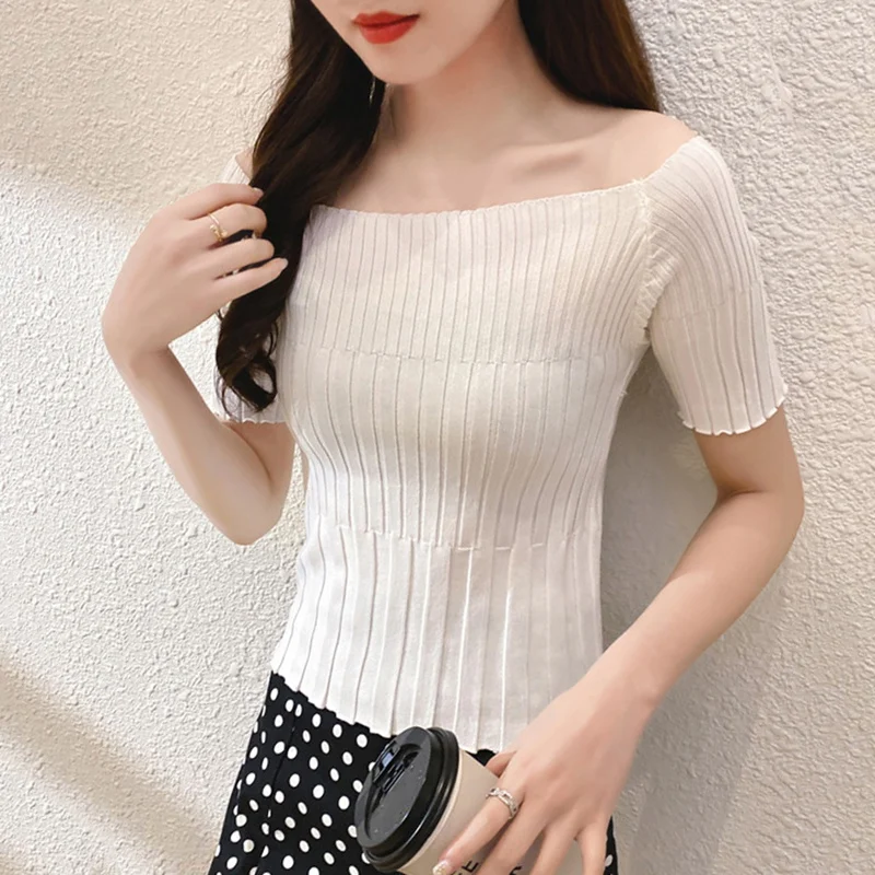

Slash Neck Knitted Tshirt Women Summer Off Shoulder Tee Top Female Fashion Solid Color Short Sleeve Skinny T-shirt