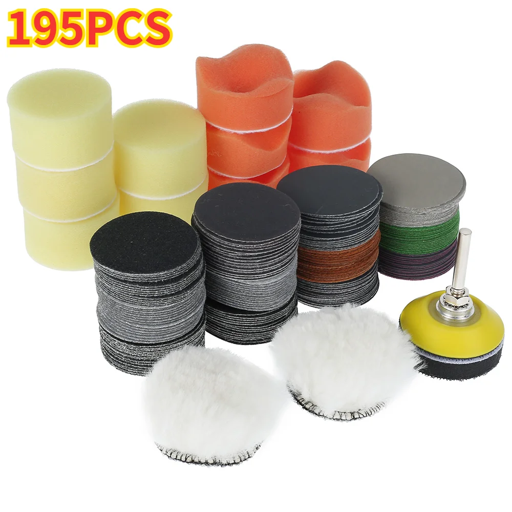 

195Pcs 2Inch Car Polishing Sponge Pads Kit Sandpaper Sander Disc Sanding Paper Polishing Pad Sandpaper+Sanding Disc Set