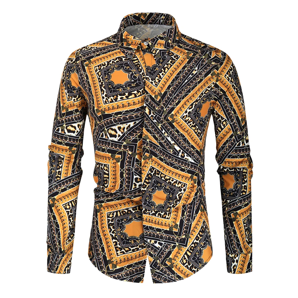 

Shirts for Men Spring and Autumn New Fashion Casual Men Print Stand-up Collar Slim Long Sleeve Men's Shirt