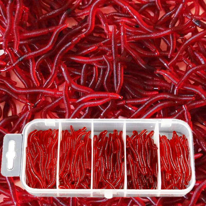 

200Pcs/Silicone Fishing tackle Lure Red Worm Sea Trout squid Lure Artificial bait Tackle Fishy Smell shrimp Additive Carp Lures
