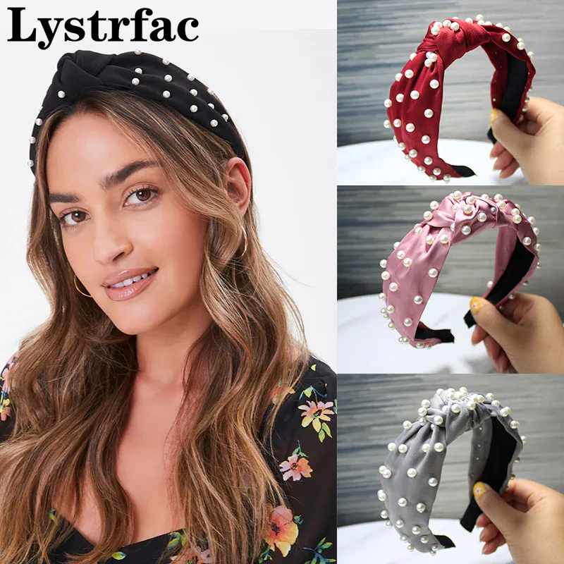 

Lystrfac Solid Color Fabic Knot Pearl Headband for Women Fashion Hairband Girls Bezel Hair Hoop Female Hair Accessories