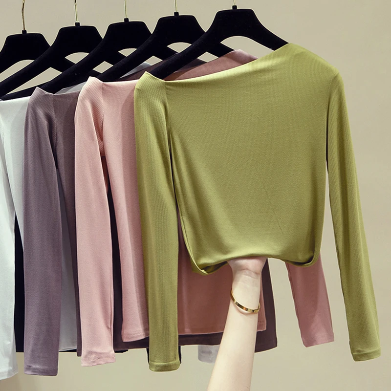 Осенняя мода 2020 Сексуальная футболка с вырезом лодочкой женская длинным рукавом