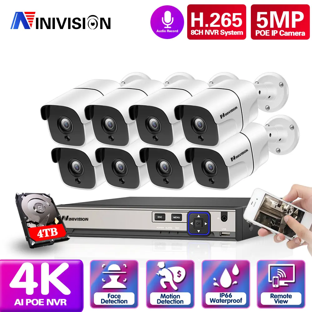 

NINIVISION 8CH 5MP POE Video Security System 5MP Audio Outdoor Weatherproof IR Night Vision IP Camera CCTV Surveillance Kit