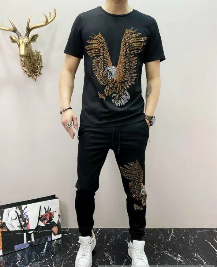 Hot drill style man brand tracksuit European fashion two pieces set