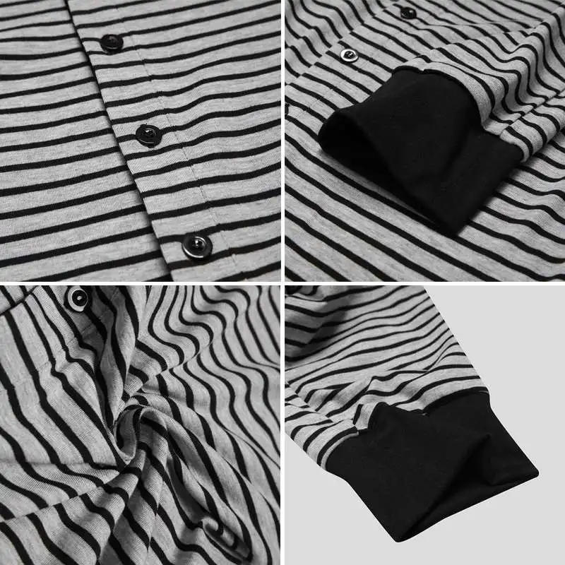 

Men Striped Jumpsuit Homewear Long Sleeve O Neck Sleepwear Button Rompers Soft Comfortable Leisure Men Overalls S-5XL INCERUN