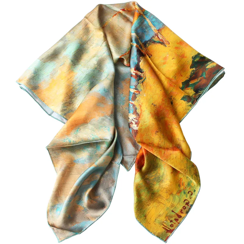

New Oil Painting Square Silk Scarf 110cm Female Bandana Shawl Muffler Pareo Bandanna Handmade Memories Gift