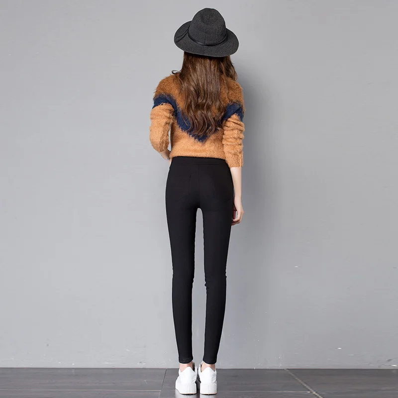 

2021 New Black Slim Pencil Pants Women Korean Version Fashion High Waist Button Pocket Patchwork Streetwear Casual Jean Trousers