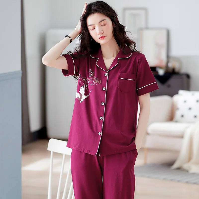 

Summer Cotton Women Pajamas Set Cartoon Pyjamas Womens Short Sleeve Turn-down Collar Plus Size Sleepwear Short Tops+Long Pants