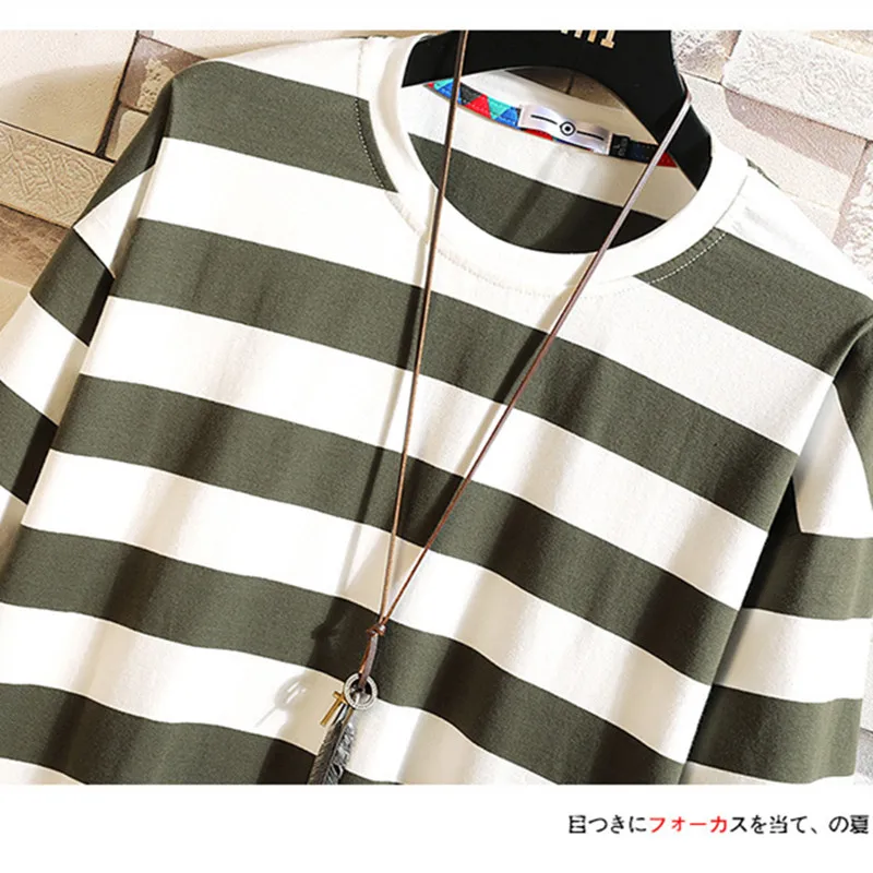 

2021 Brand clothing loose Short sleeved summer striped T-shirt for Men/Male slim fit Round collar pure cotton leisure T-shirts