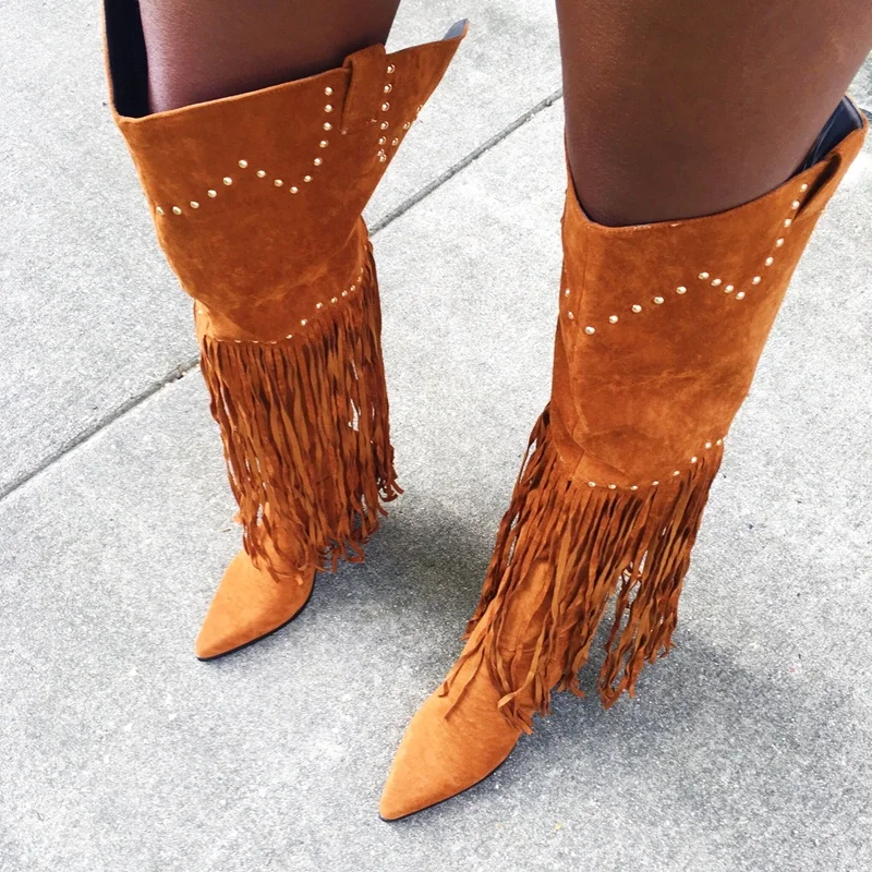 

Fashion Women Fringe Boots Crystal Decor Square Heels Over The Knee High Boot Brown Suede Pointed Toe Winter Ridding Boots