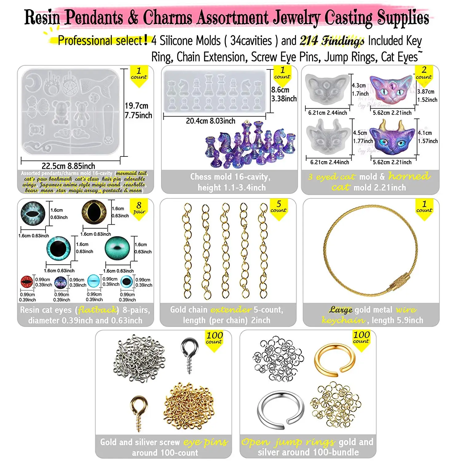 218 шт. формы для эпоксидной смолы набор литья с удлинителем цепи кольца глаз