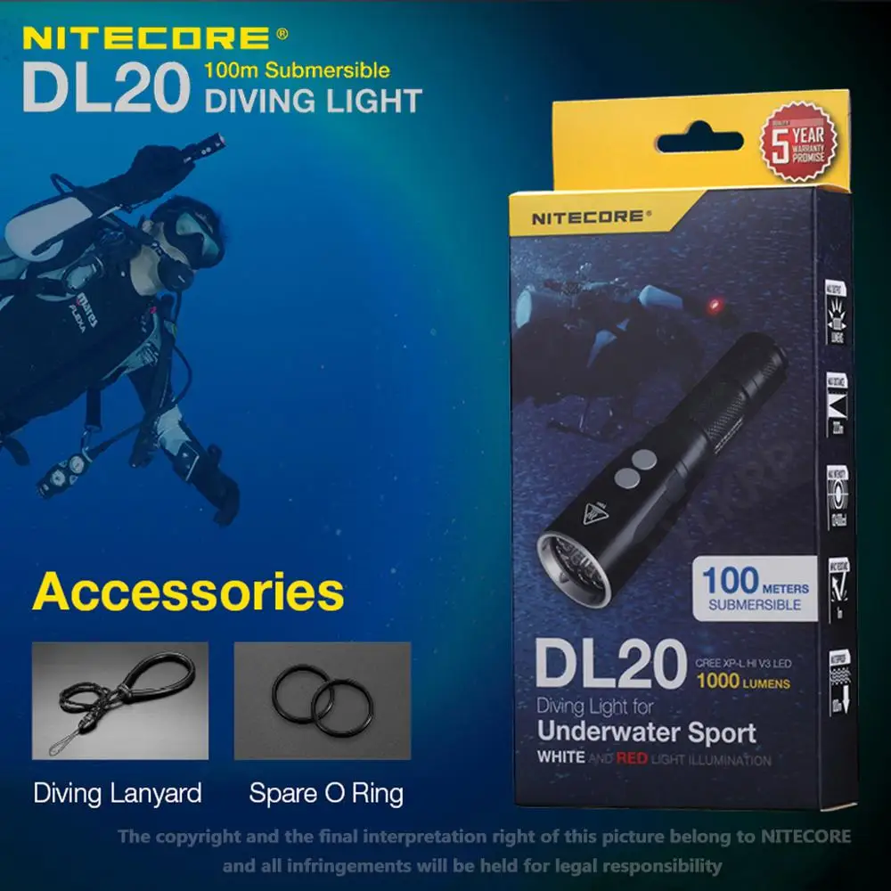 Подводный фонарик для дайвинга NITECORE DL20 1000 люмен 100 метров с использованием CREE XP-L HI