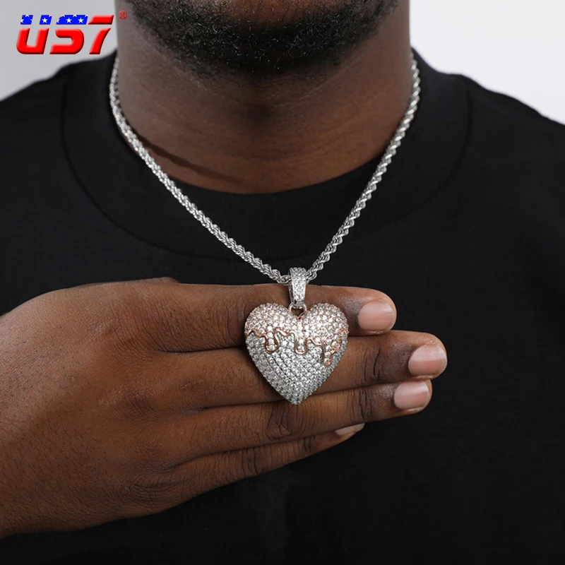

US7 Dripping Heart Pendant With Solid Back Iced Out Bling AAA Cubic Zirconia Necklace 3 Colors Hip Hop Jewelry Men Women Gift