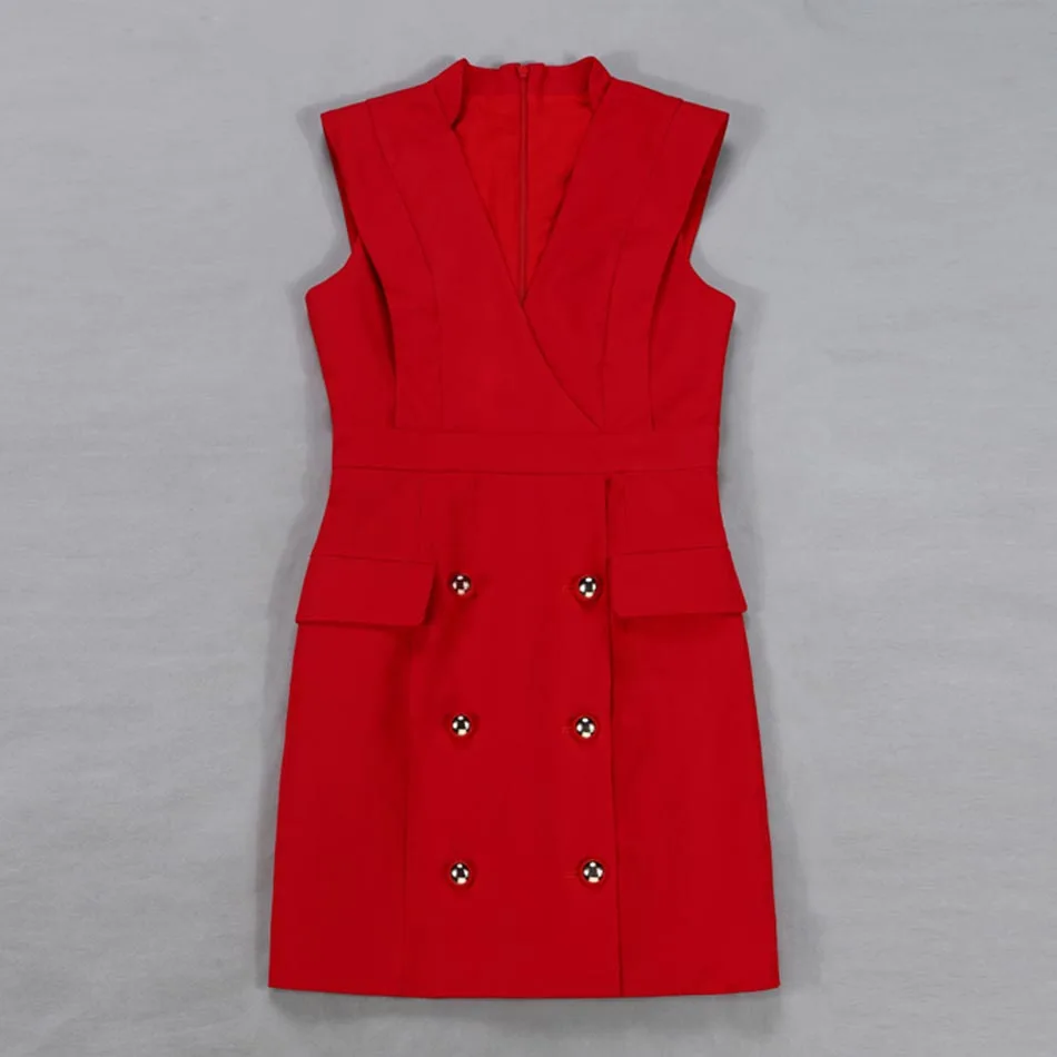 Женское двубортное мини платье облегающее без рукавов с V образным вырезом