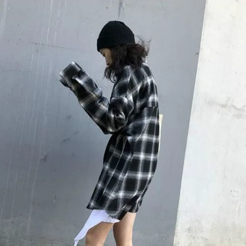 Рубашка женская клетчатая большого размера с длинным рукавом | Женская одежда