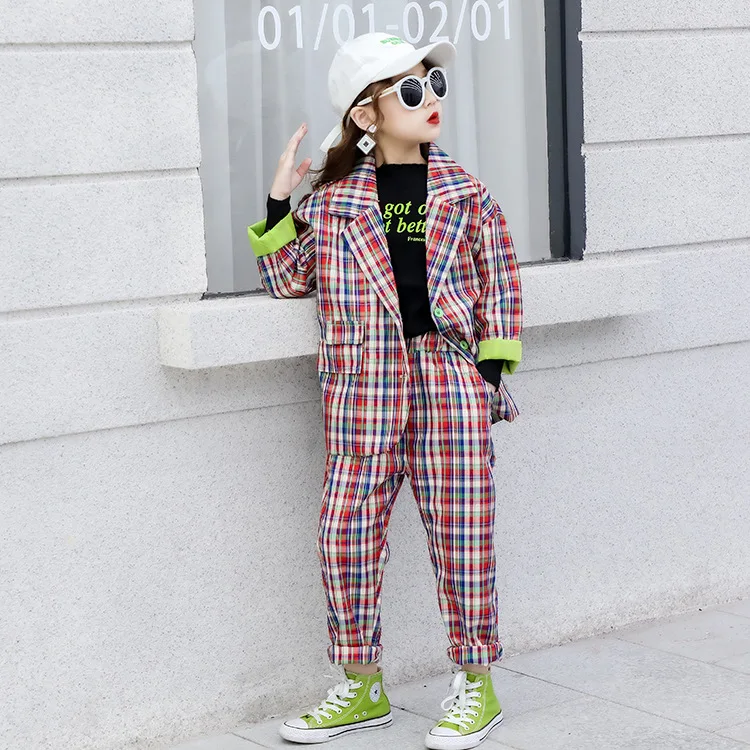 Спортивный костюм для девочек подростков клетчатая куртка и штаны комплект
