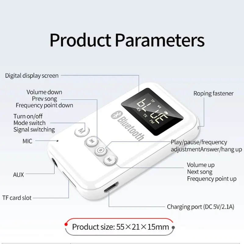 

5in1 Rechargeable Bluetooth 5.0 Audio FM Transmitter Receiver TF MP3 Player with Display for PC TV Car Speaker Earphone